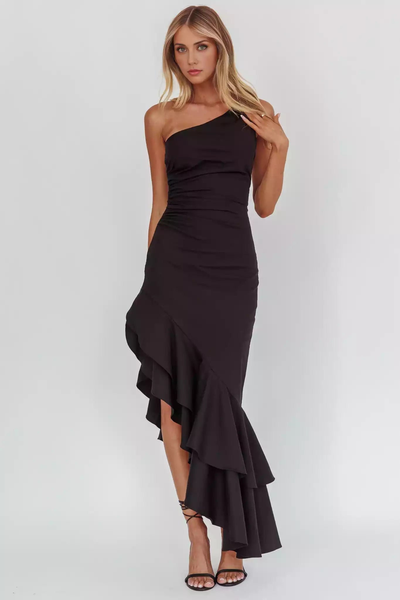 Stunning single shoulder lining with adjustable shoulder strap, asymmetrical ruffle hem, zipper on the side, Prom Dresses