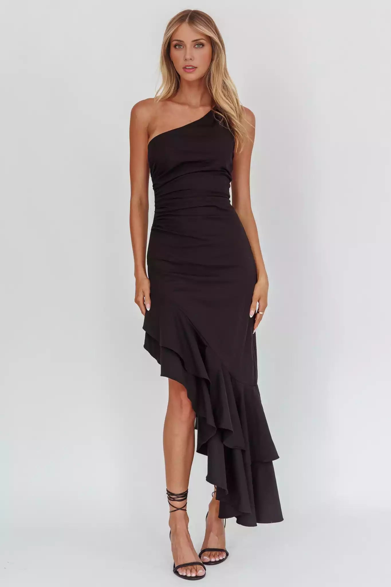 Stunning single shoulder lining with adjustable shoulder strap, asymmetrical ruffle hem, zipper on the side, Prom Dresses