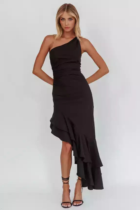 Stunning single shoulder lining with adjustable shoulder strap, asymmetrical ruffle hem, zipper on the side, Prom Dresses