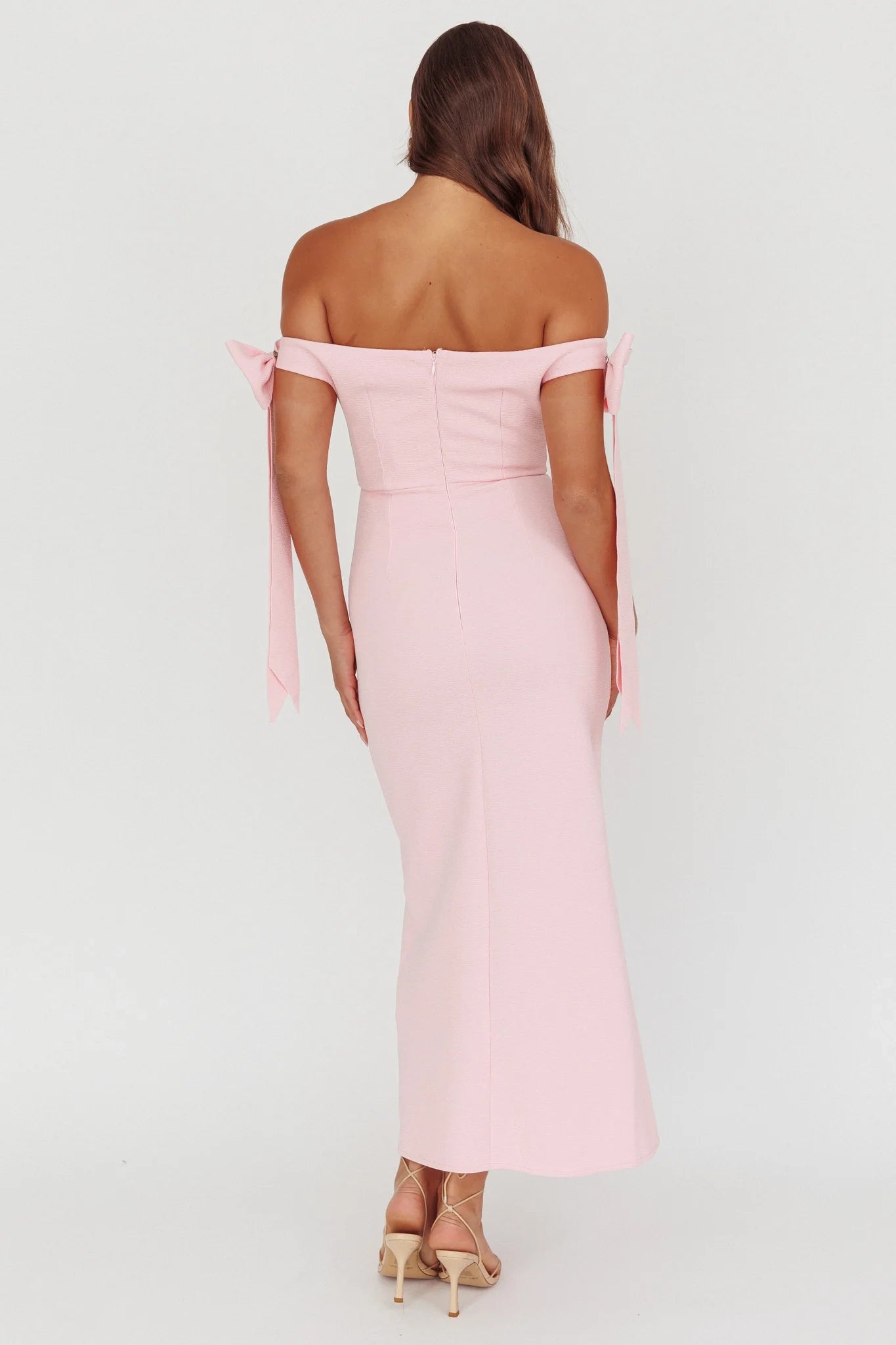 Stunning slim fit off shoulder bow sleeve bridesmaid dress
