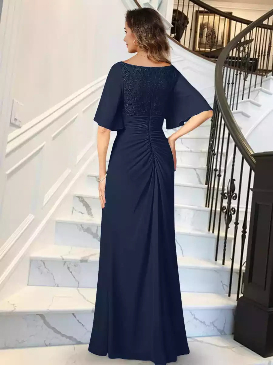 Stunning slim fit/straight V-neck half sleeve pleated long ruffle hem Mother of the Bride Dresses