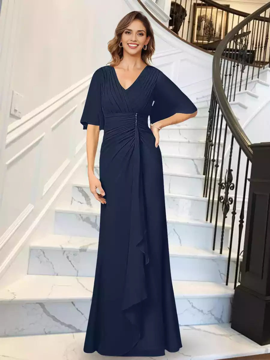 Stunning slim fit/straight V-neck half sleeve pleated long ruffle hem Mother of the Bride Dresses