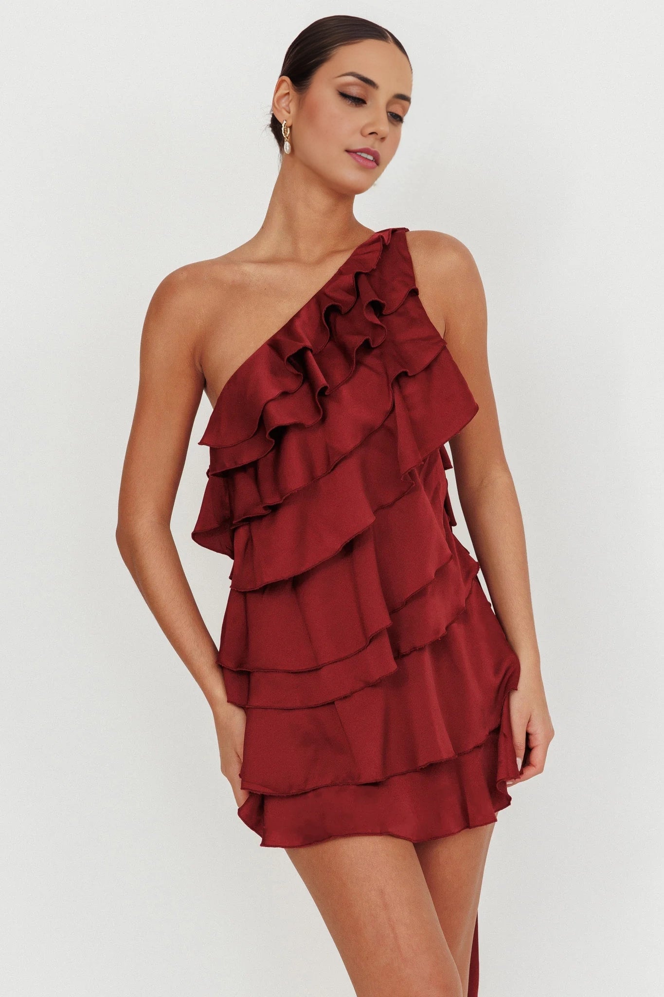Stunning stacked ruffle edge single shoulder mini adjustable shoulder strap with side zipper Homecoming Dresses