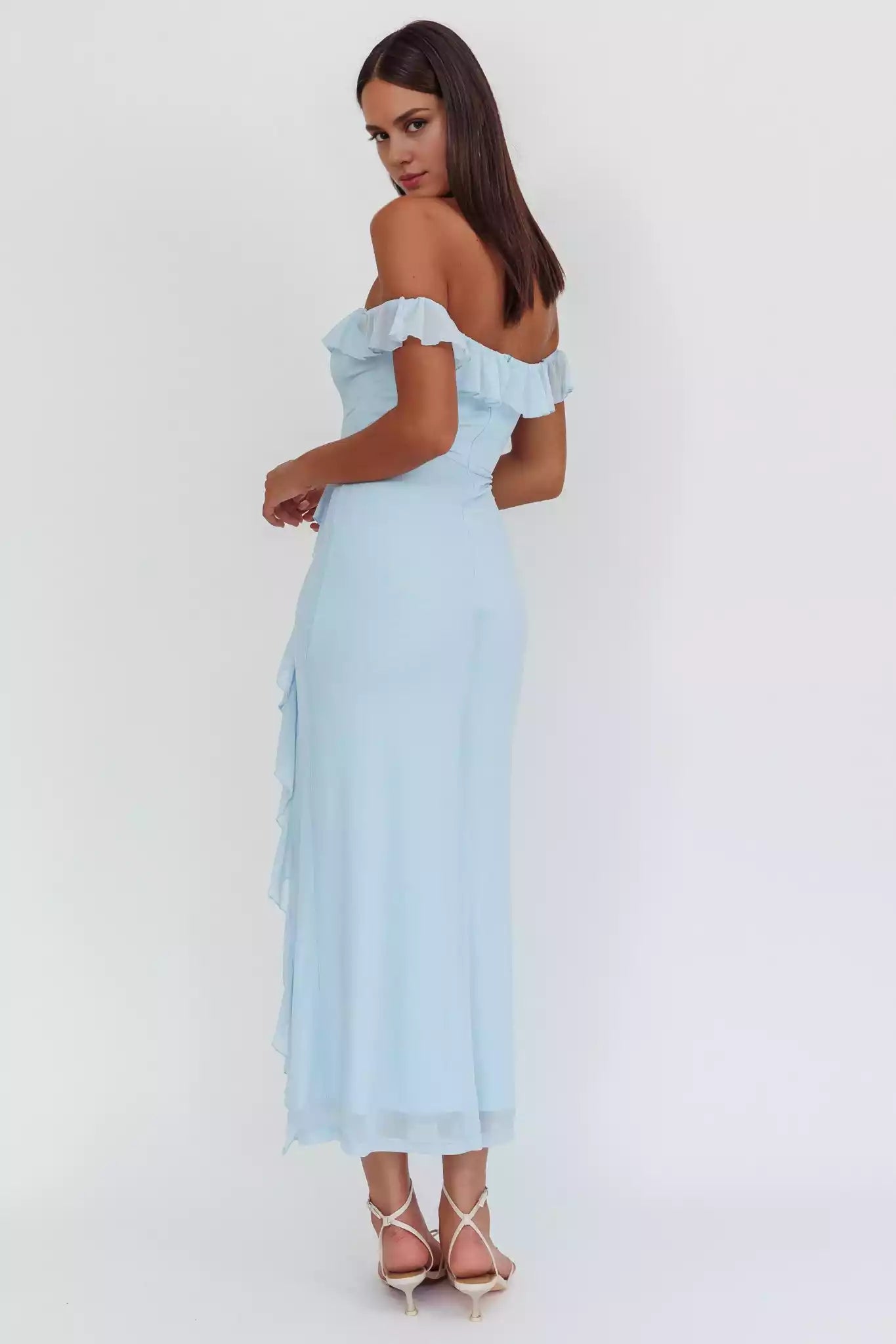 Stunning strapless lining with exposed shoulder and lotus leaf trim details, back with zipper Prom Dresses