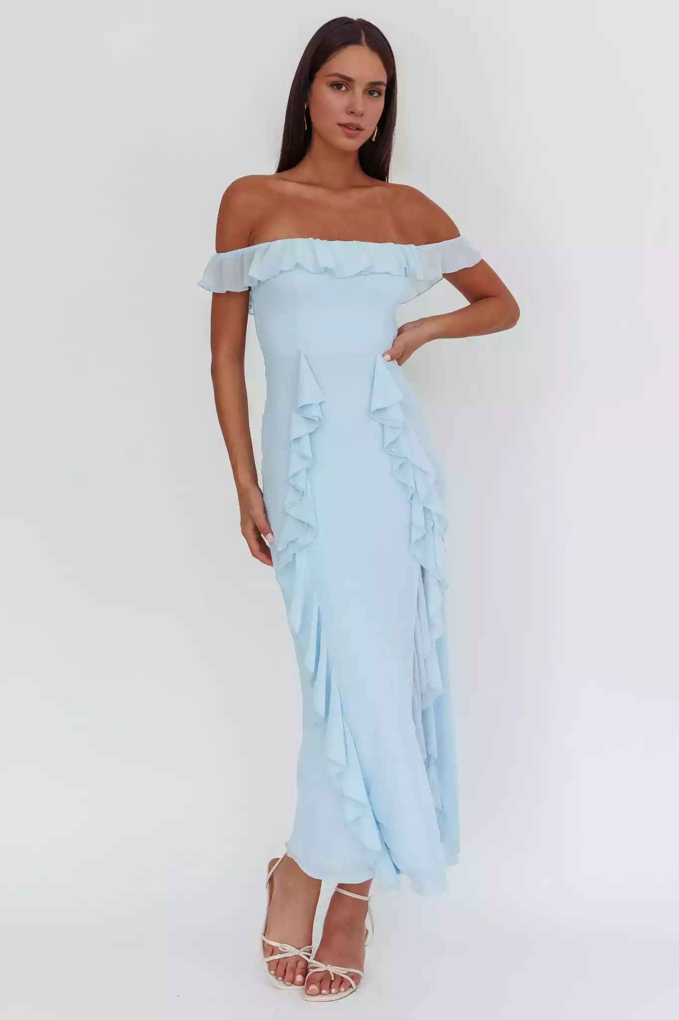 Stunning strapless lining with exposed shoulder and lotus leaf trim details, back with zipper Prom Dresses