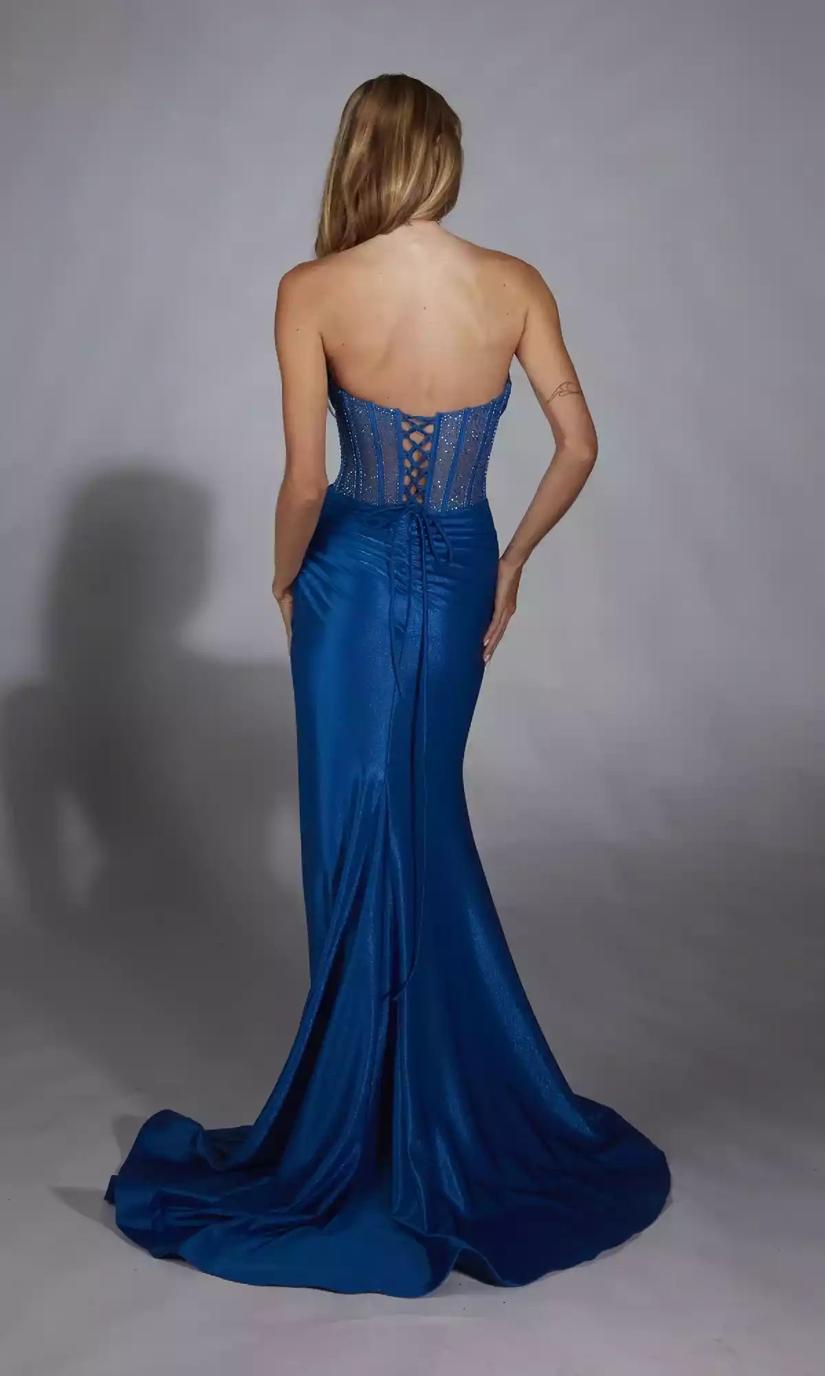 Stunning strapless slim fit long transparent three-dimensional corset with pleated slits Prom Dresses