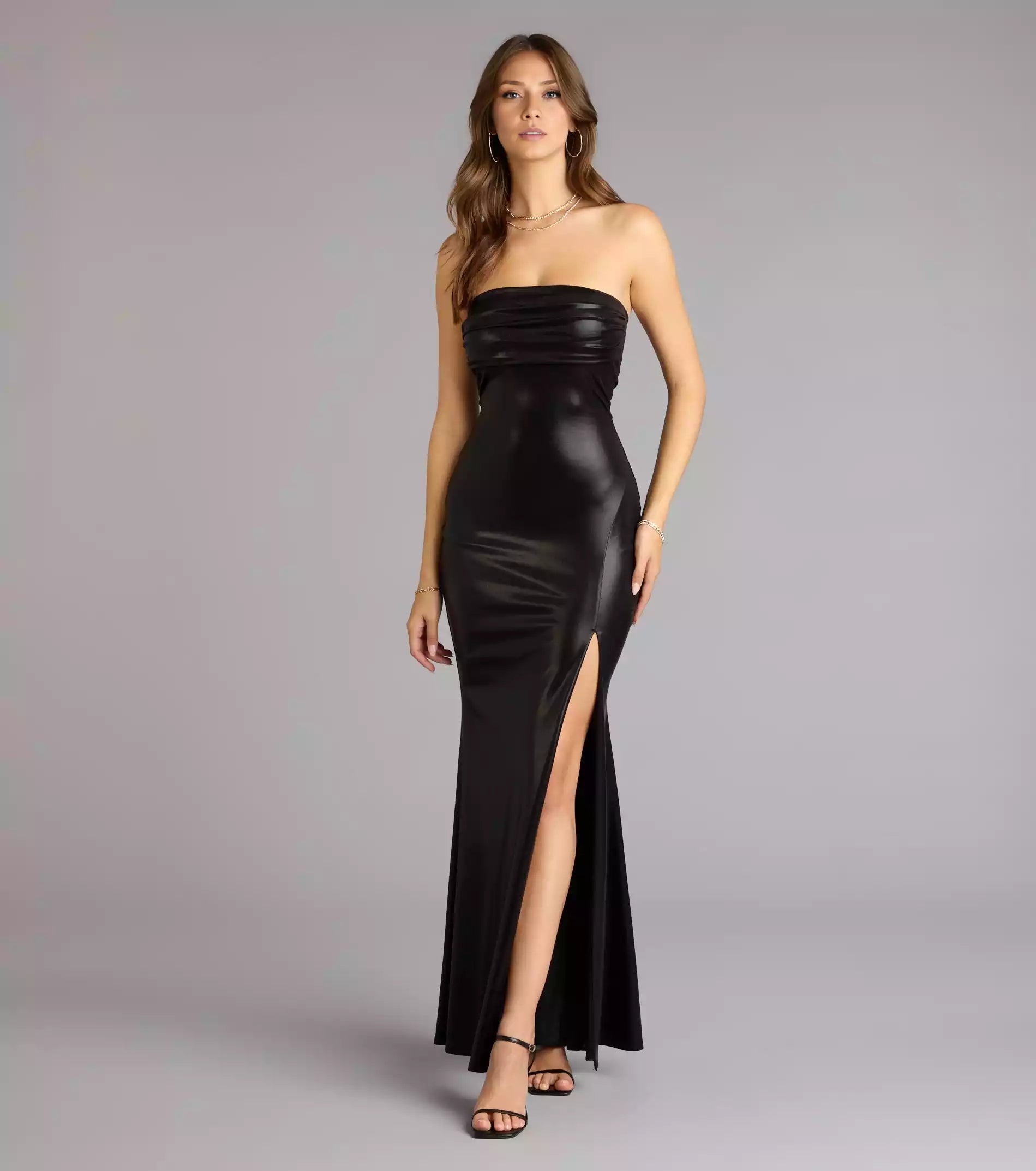 Stunning stretch knit lining strapless neckline with high slit mermaid and floor Prom Dresses