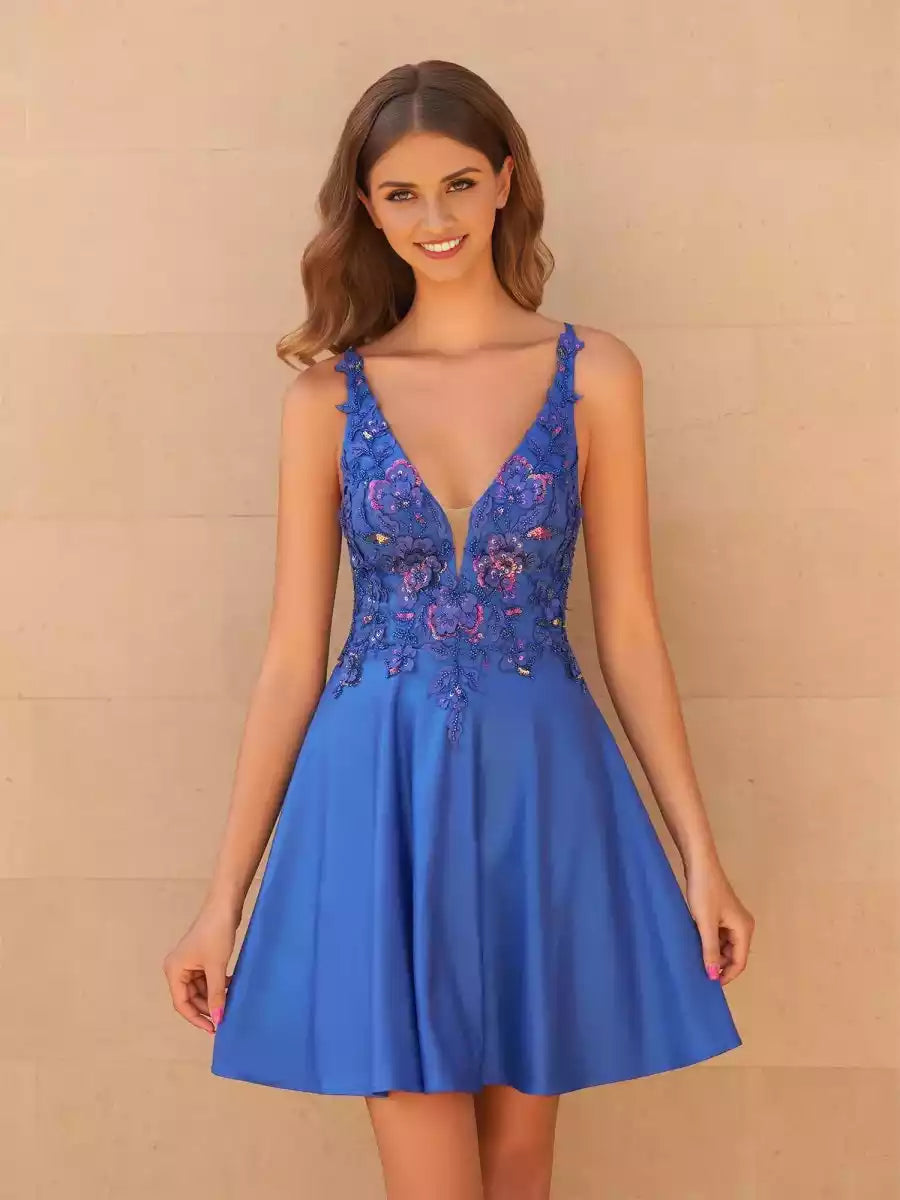 Stunning the audience with deep V-neckline sequins, exquisite bead embellishments, lace decals, sleeveless straps, and Homecoming Dresses on the back
