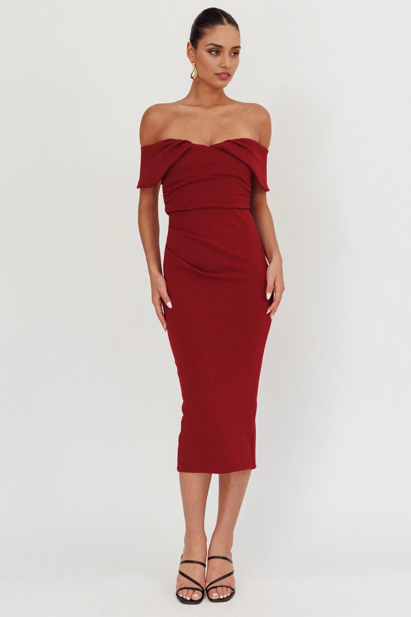 Stunning unlined off shoulder crepe fabric with zipper at the back Homecoming Dresses