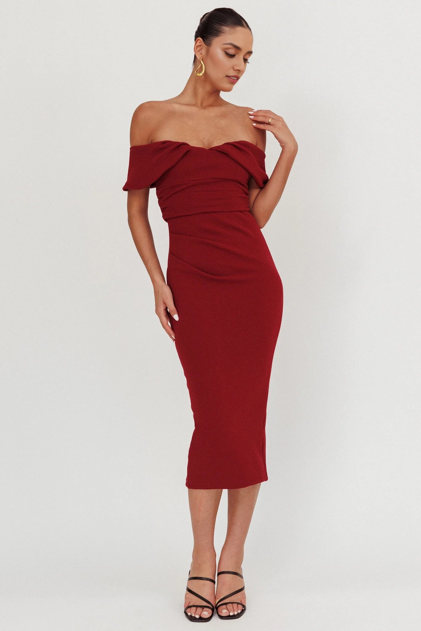Stunning unlined off shoulder crepe fabric with zipper at the back Homecoming Dresses