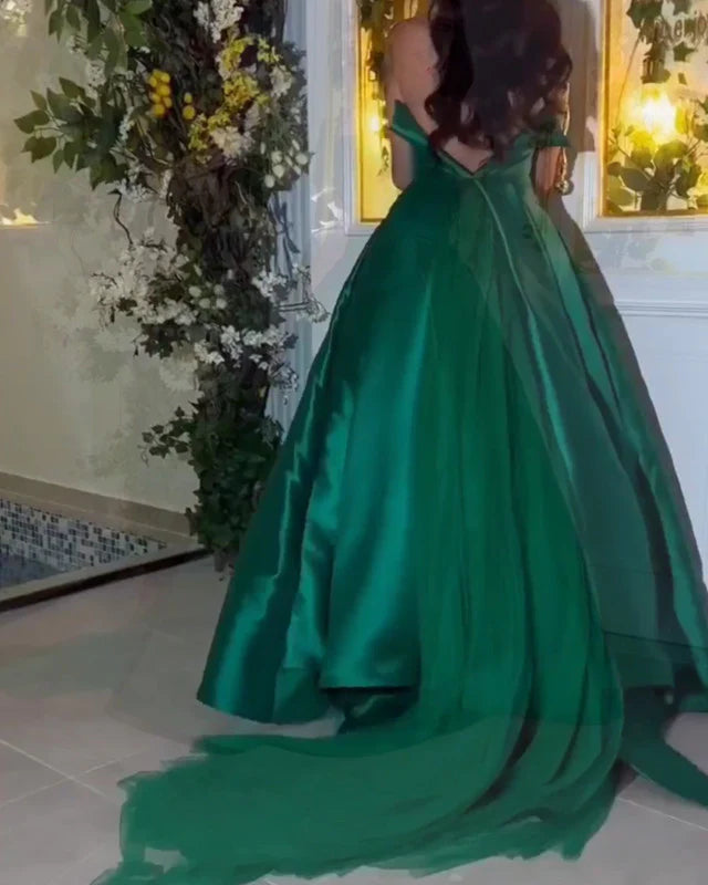 Emerald Satin Strapless Ball Gown Evening Dress