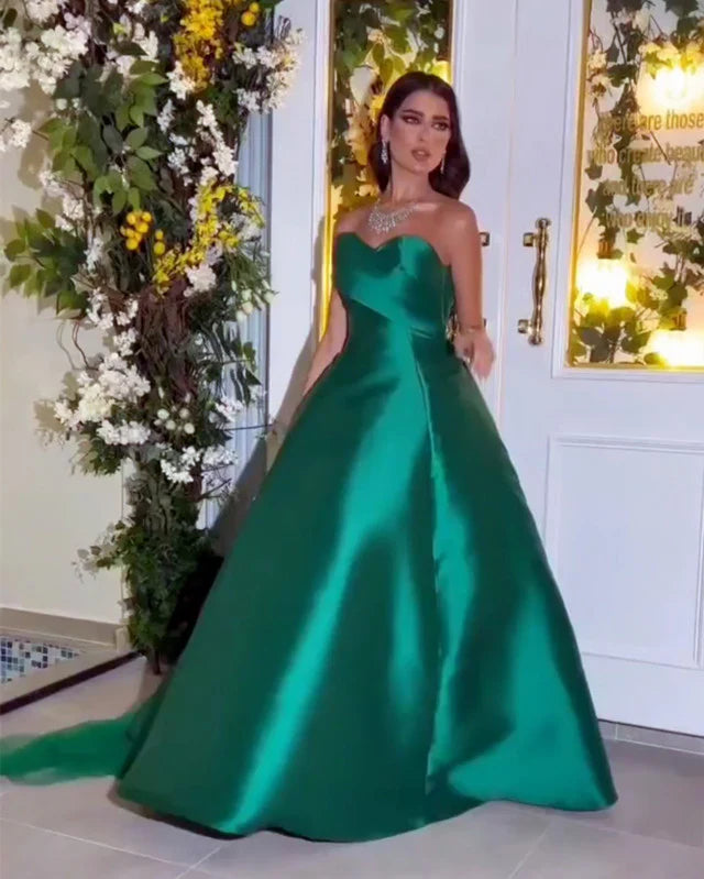Emerald Satin Strapless Ball Gown Evening Dress