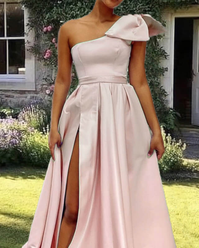 Pale Pink Satin One Shoulder Evening Dress