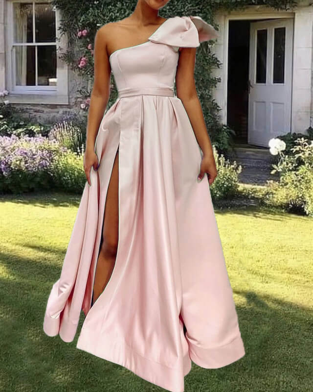 Pale Pink Satin One Shoulder Evening Dress