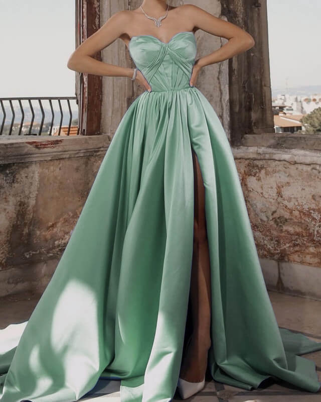 Long Sweetheart Split Satin Evening Dress