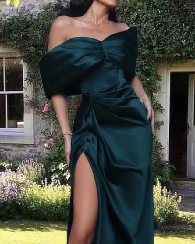 Green Satin Sheath Gown Evening Dresses