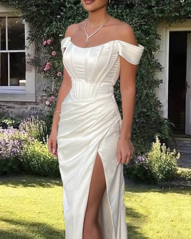 Mermaid White Satin Corset Slit Evening Dress