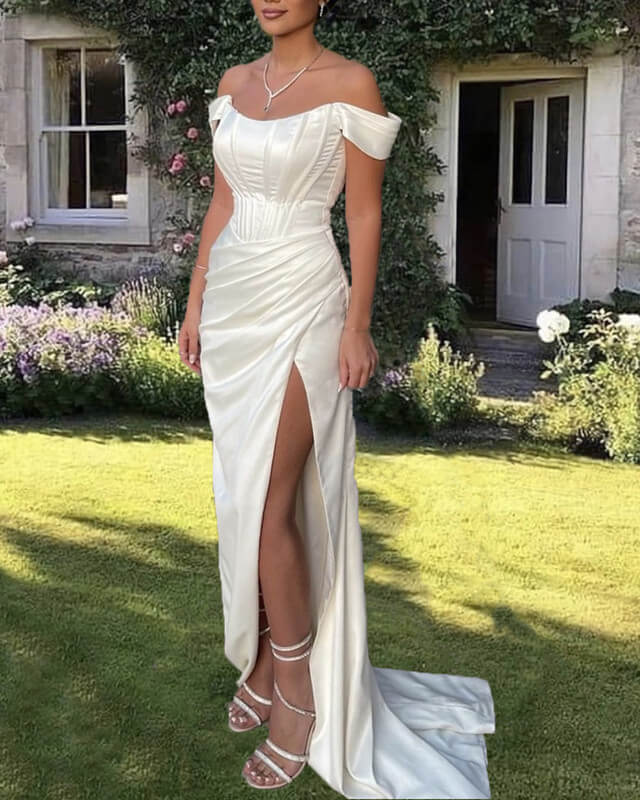 Mermaid White Satin Corset Slit Evening Dress