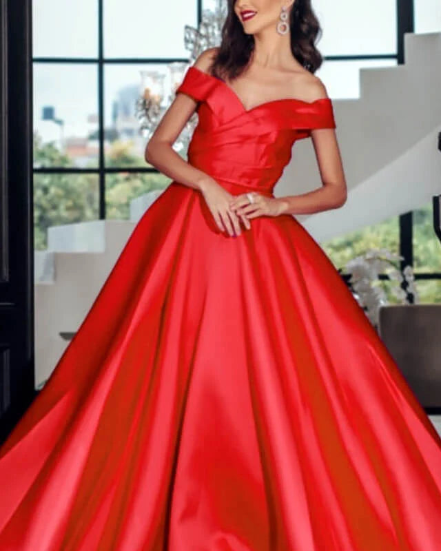 Long Red Off Shoulder Satin Gown Evening Dresses