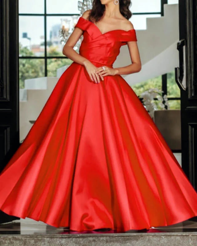Long Red Off Shoulder Satin Gown Evening Dresses