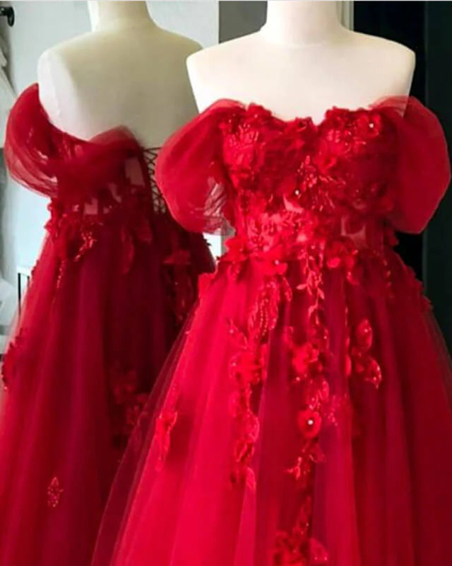 Red Tulle Corset Evening Dress With 3D Lace Flowers