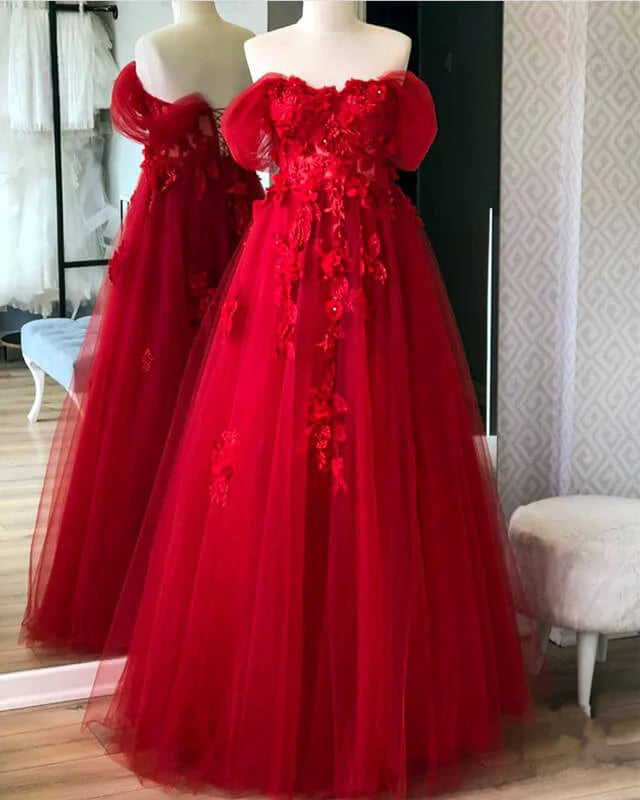 Red Tulle Corset Evening Dress With 3D Lace Flowers