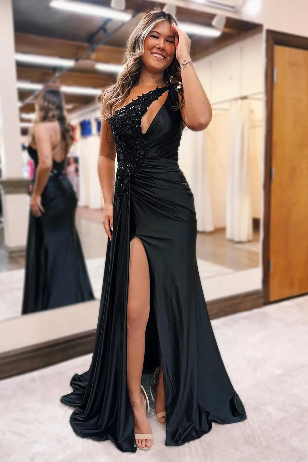 Mermaid One Shoulder Long Satin Prom Dress With Beading