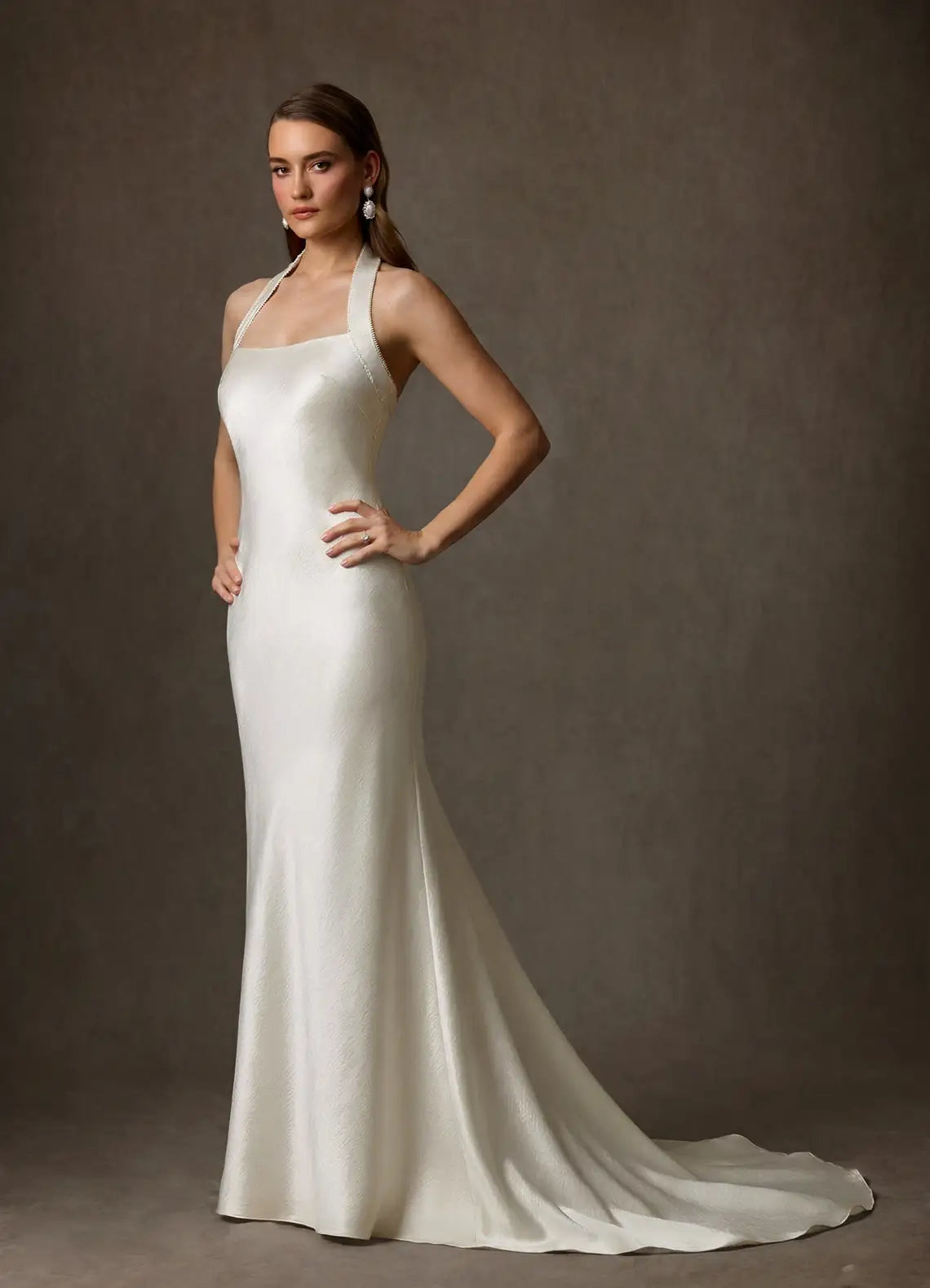 Subtle pearl trim along the backline Halter Neck Satin Mermaid Wedding Dress with Pearl Trim