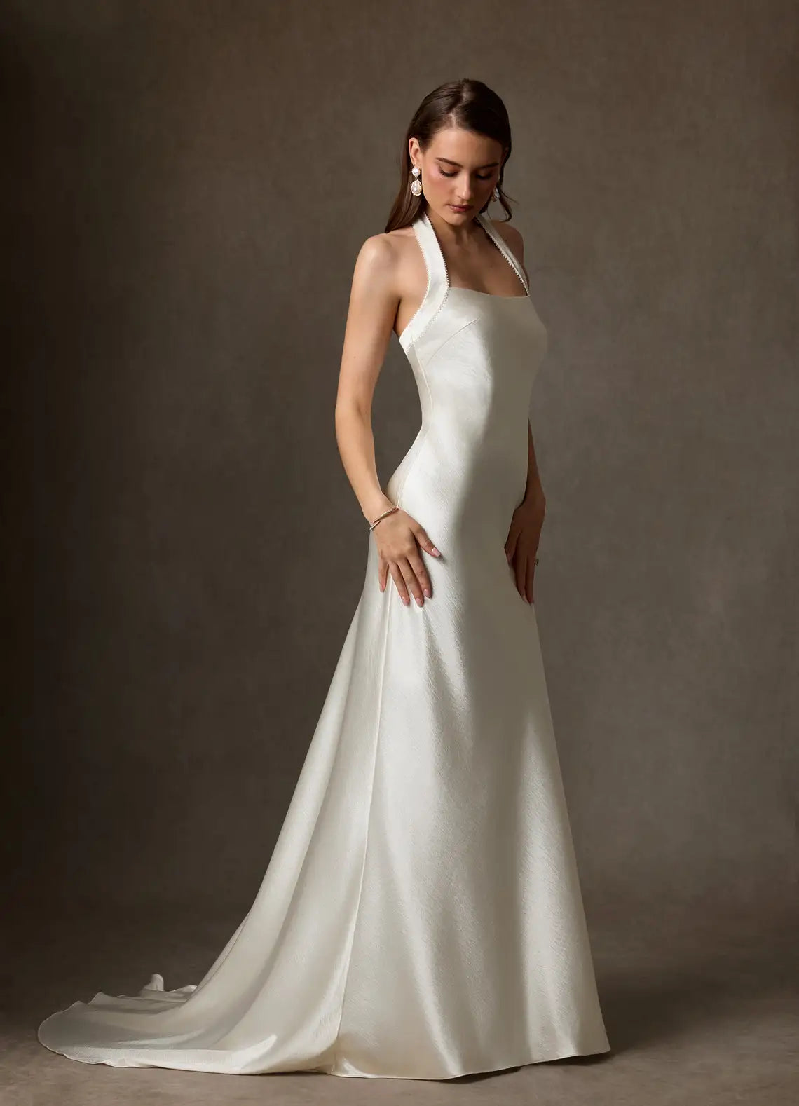 Subtle pearl trim along the backline Halter Neck Satin Mermaid Wedding Dress with Pearl Trim