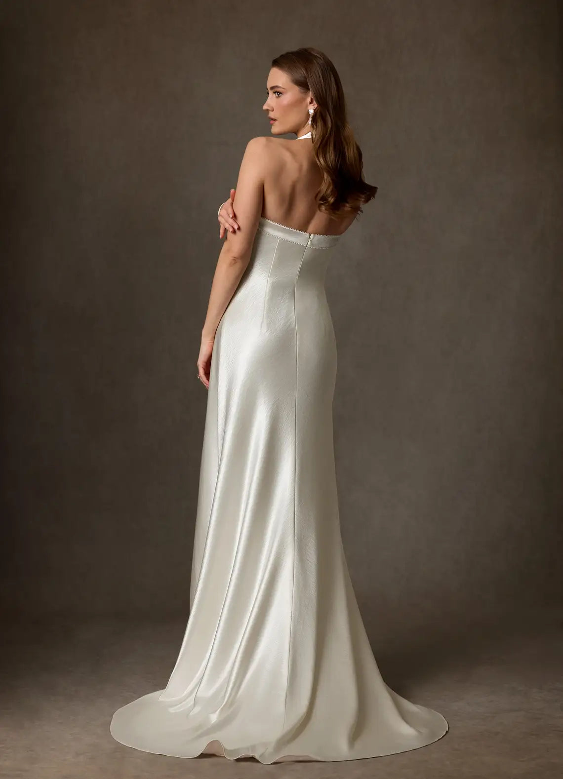 Subtle pearl trim along the backline Halter Neck Satin Mermaid Wedding Dress with Pearl Trim