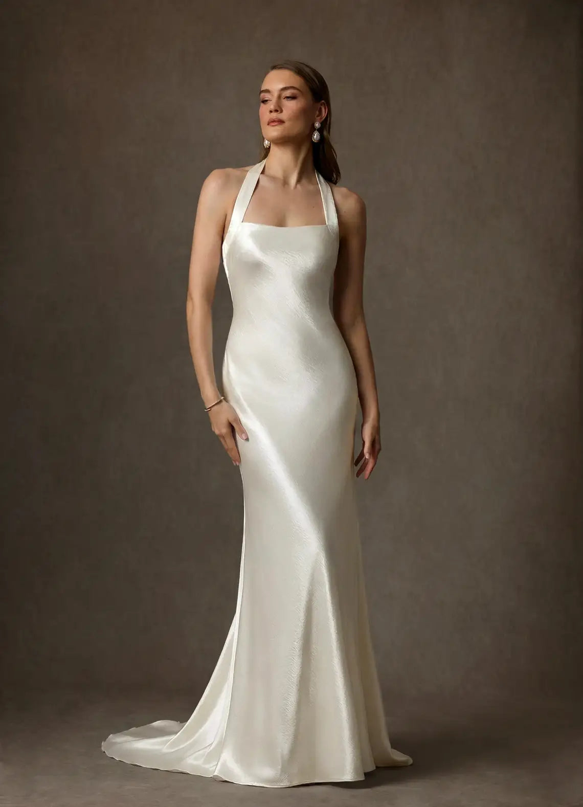Subtle pearl trim along the backline Halter Neck Satin Mermaid Wedding Dress with Pearl Trim