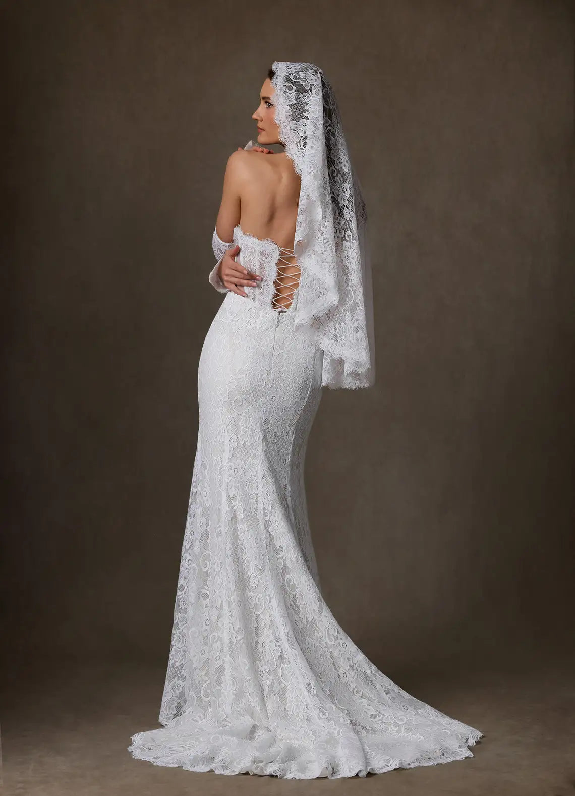Sultry, vintage-inspired aesthetic Strapless Floral Lace Mermaid Wedding Dress with Corset Bodice