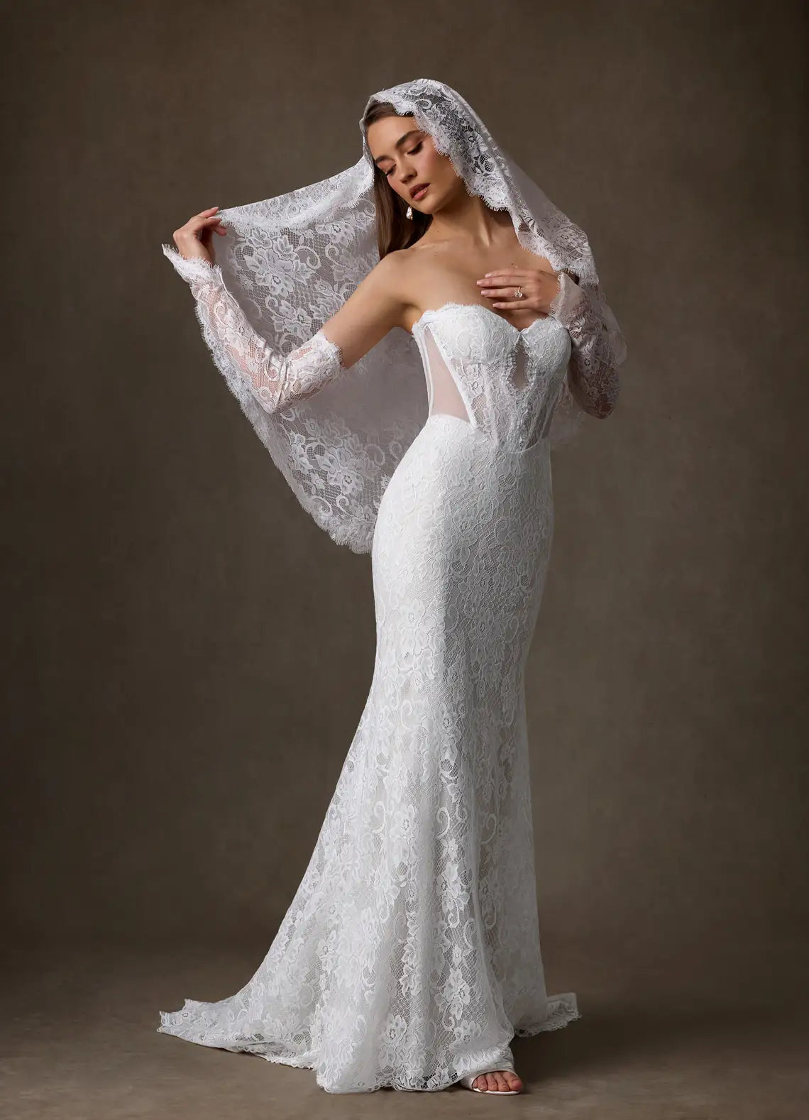 Sultry, vintage-inspired aesthetic Strapless Floral Lace Mermaid Wedding Dress with Corset Bodice