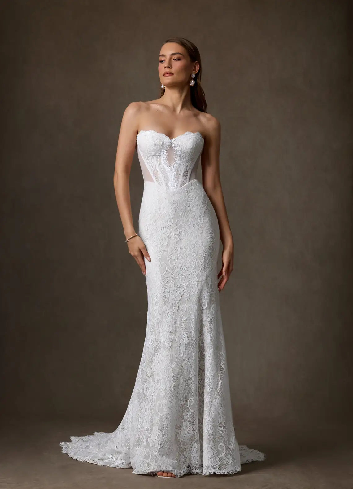 Sultry, vintage-inspired aesthetic Strapless Floral Lace Mermaid Wedding Dress with Corset Bodice