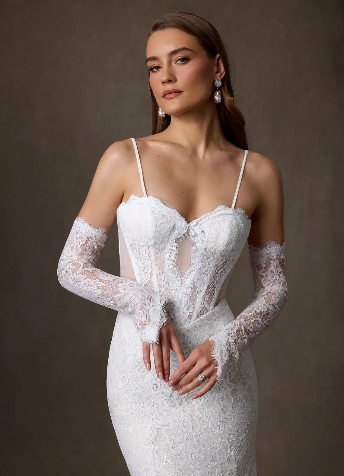 Sultry, vintage-inspired aesthetic Strapless Floral Lace Mermaid Wedding Dress with Corset Bodice