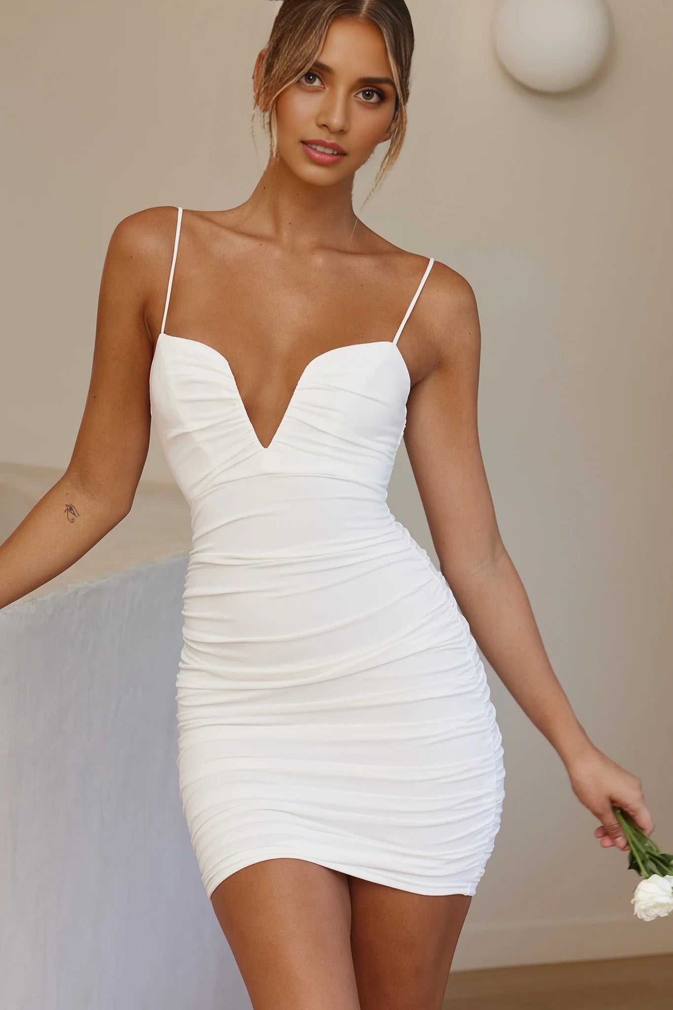 Super popular mini adjustable camisole with V-shaped neckline, pleated details, zipper at the back, Homecoming Dresses
