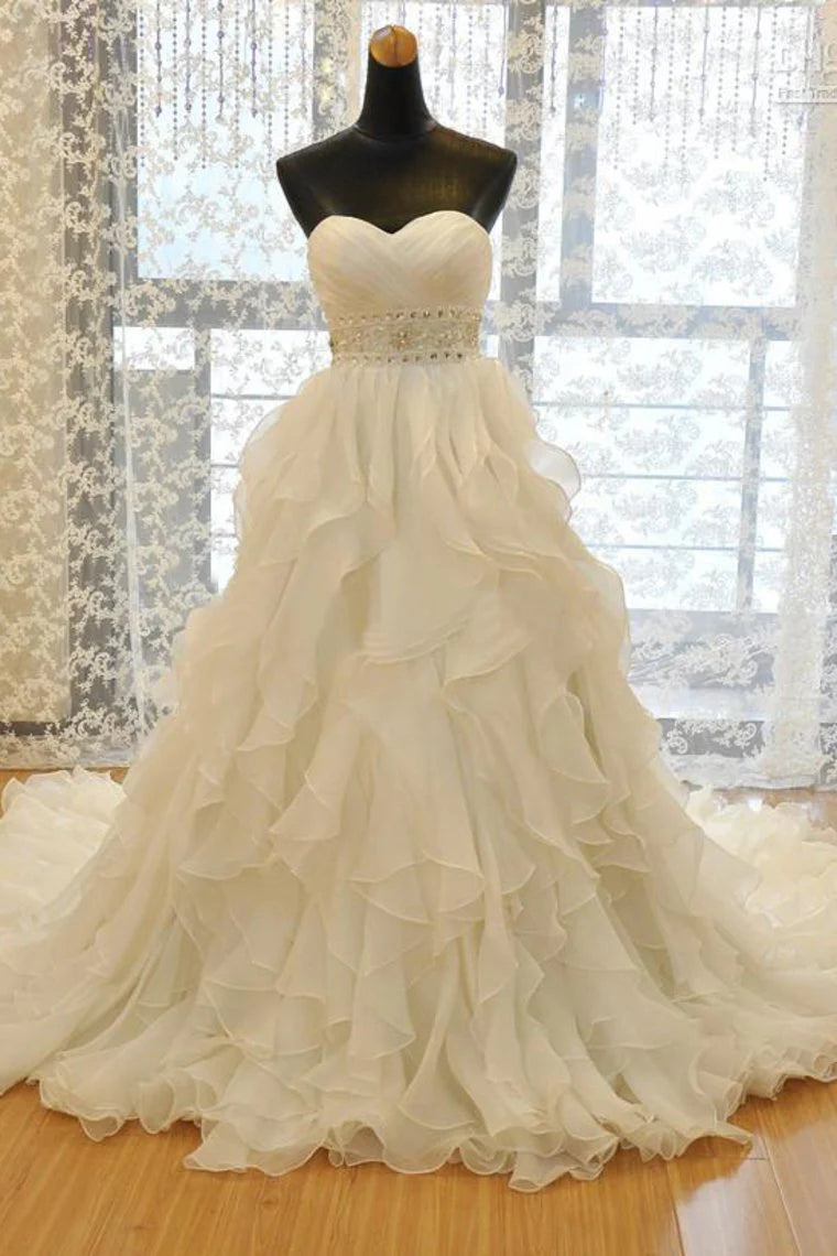 Sweetheart Wedding Dress A Line Organza With Beads And Ruffles Chapel Train