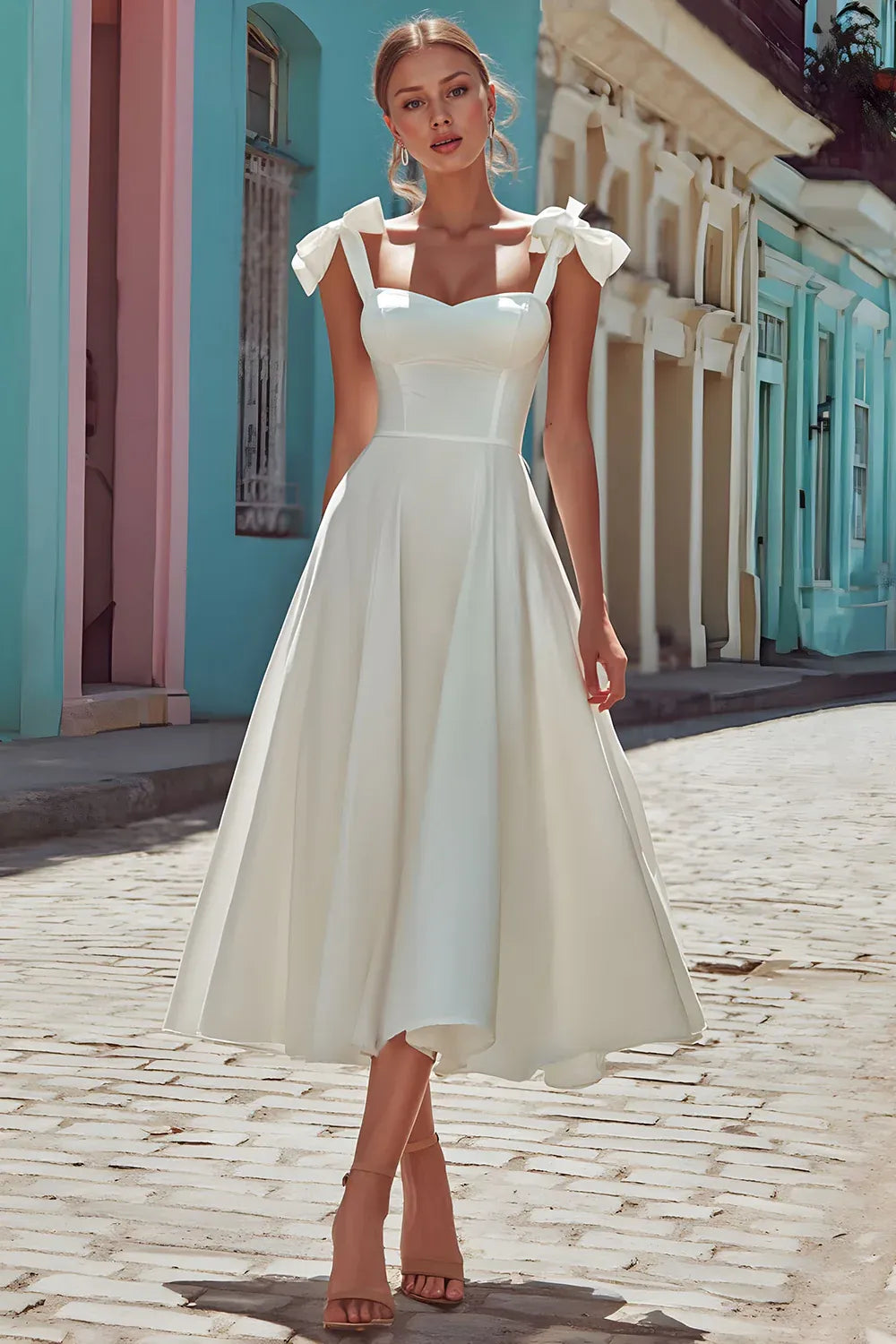 Sweetheart Neck Crepe A-Line Midi Wedding Dress with Bow Straps