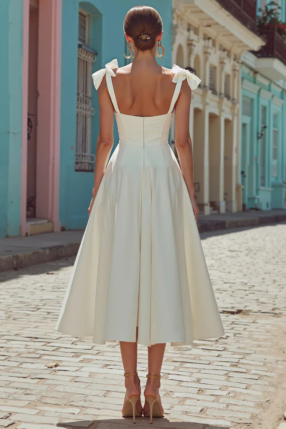 Sweetheart Neck Crepe A-Line Midi Wedding Dress with Bow Straps