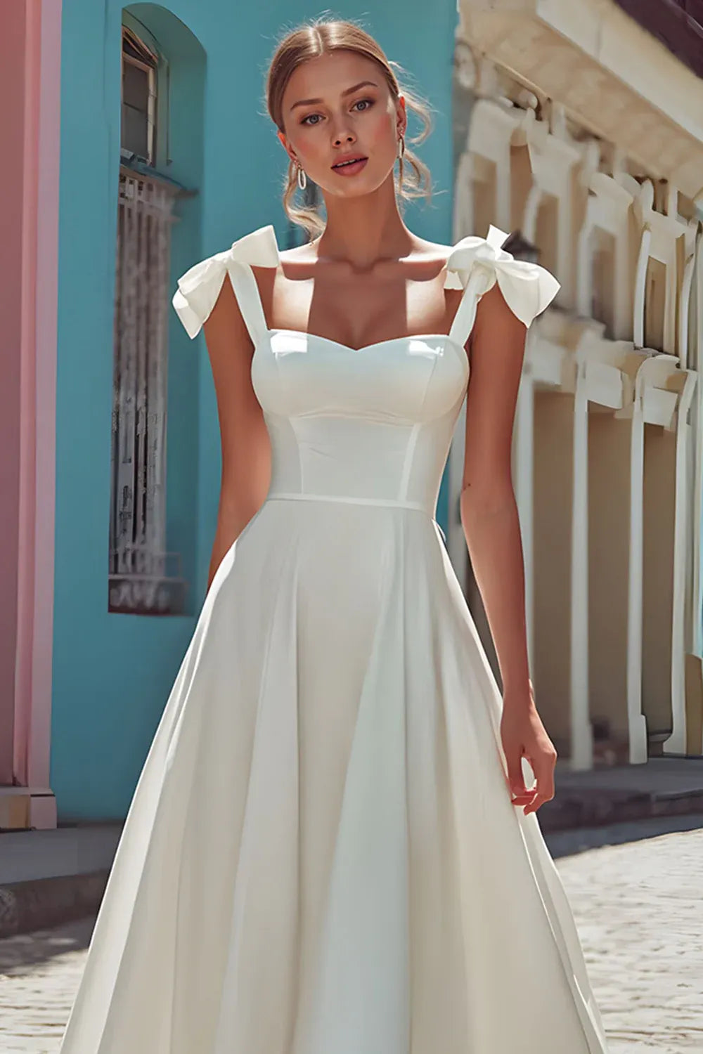 Sweetheart Neck Crepe A-Line Midi Wedding Dress with Bow Straps