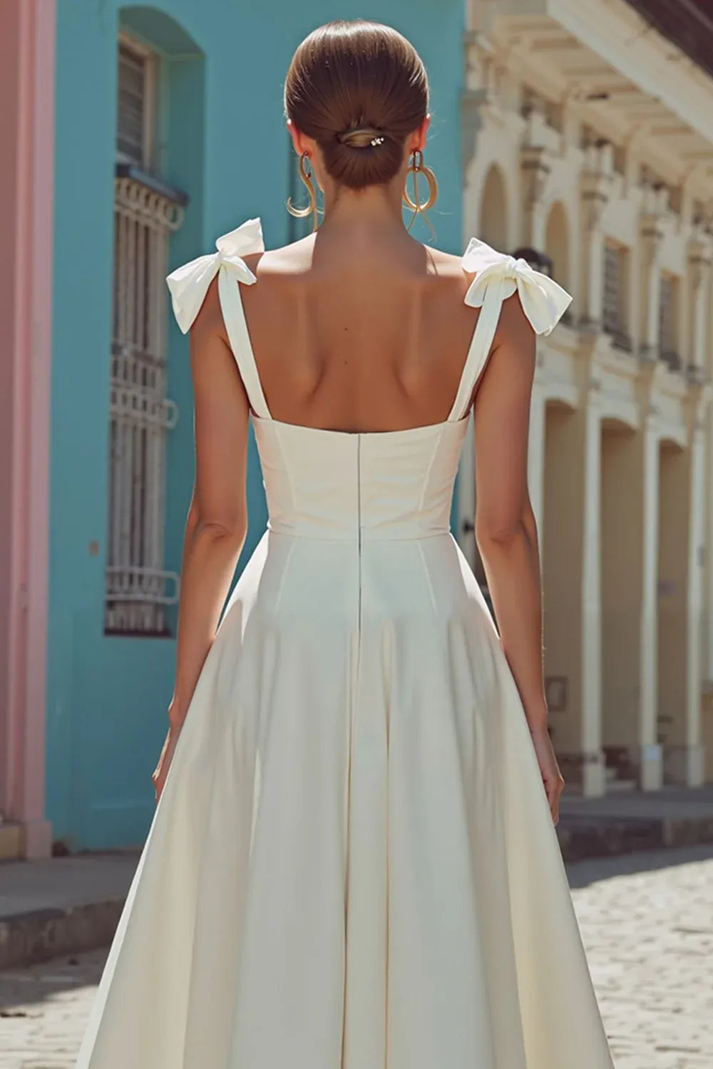 Sweetheart Neck Crepe A-Line Midi Wedding Dress with Bow Straps