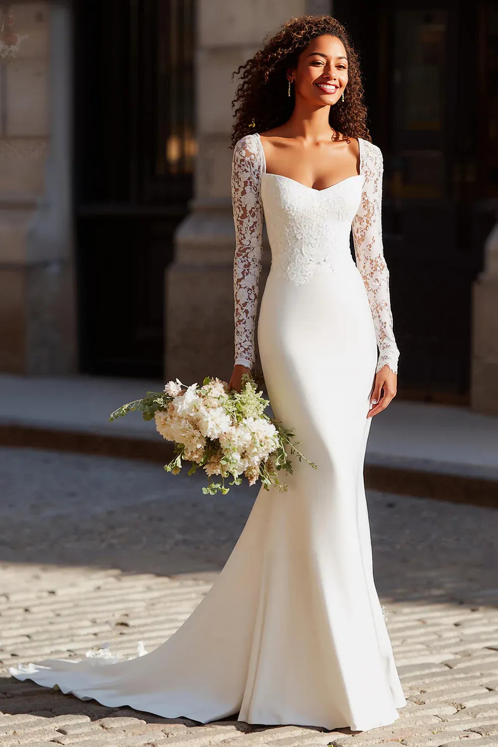 Sweetheart Neck Lace Mermaid Wedding Dress with Long Illusion Sleeves and Scoop Back - Modern Romantic Bridal Gown