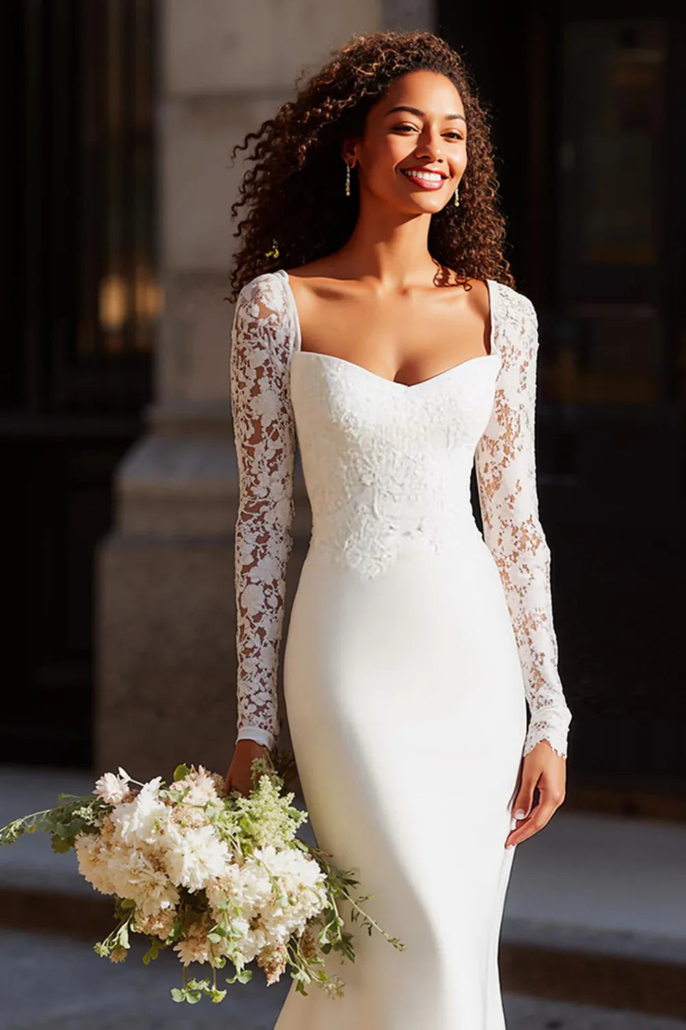 Sweetheart Neck Lace Mermaid Wedding Dress with Long Illusion Sleeves and Scoop Back - Modern Romantic Bridal Gown