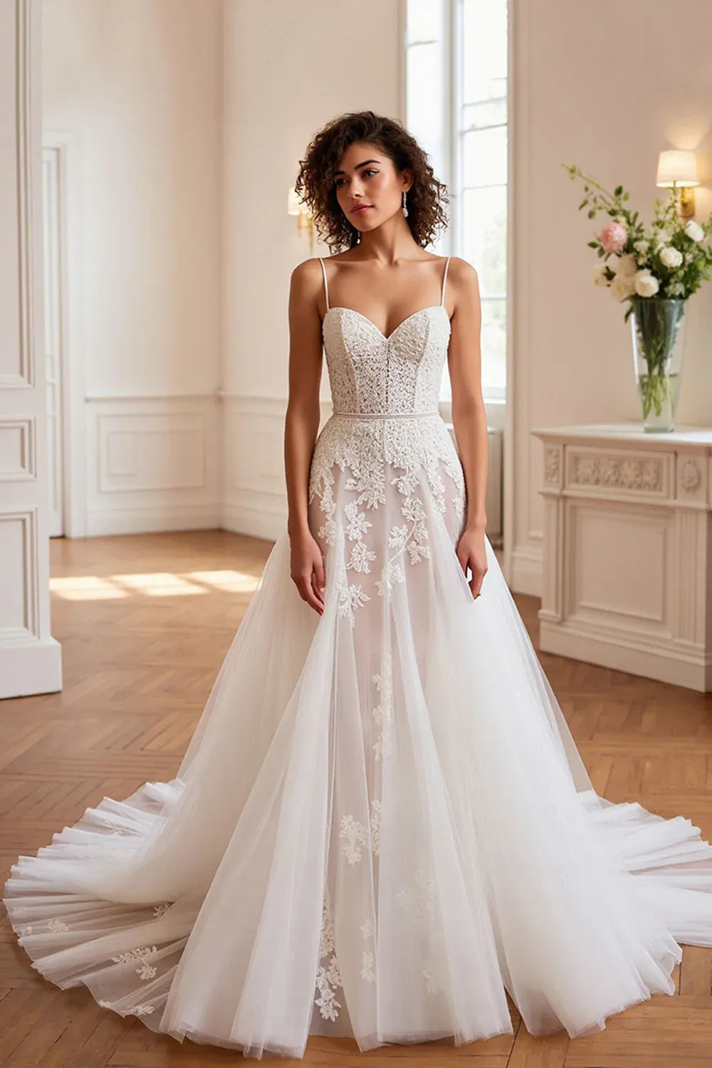 Sweetheart Neck Lace Tulle A-Line Wedding Dress with Corset Back - Romantic Bridal Gown