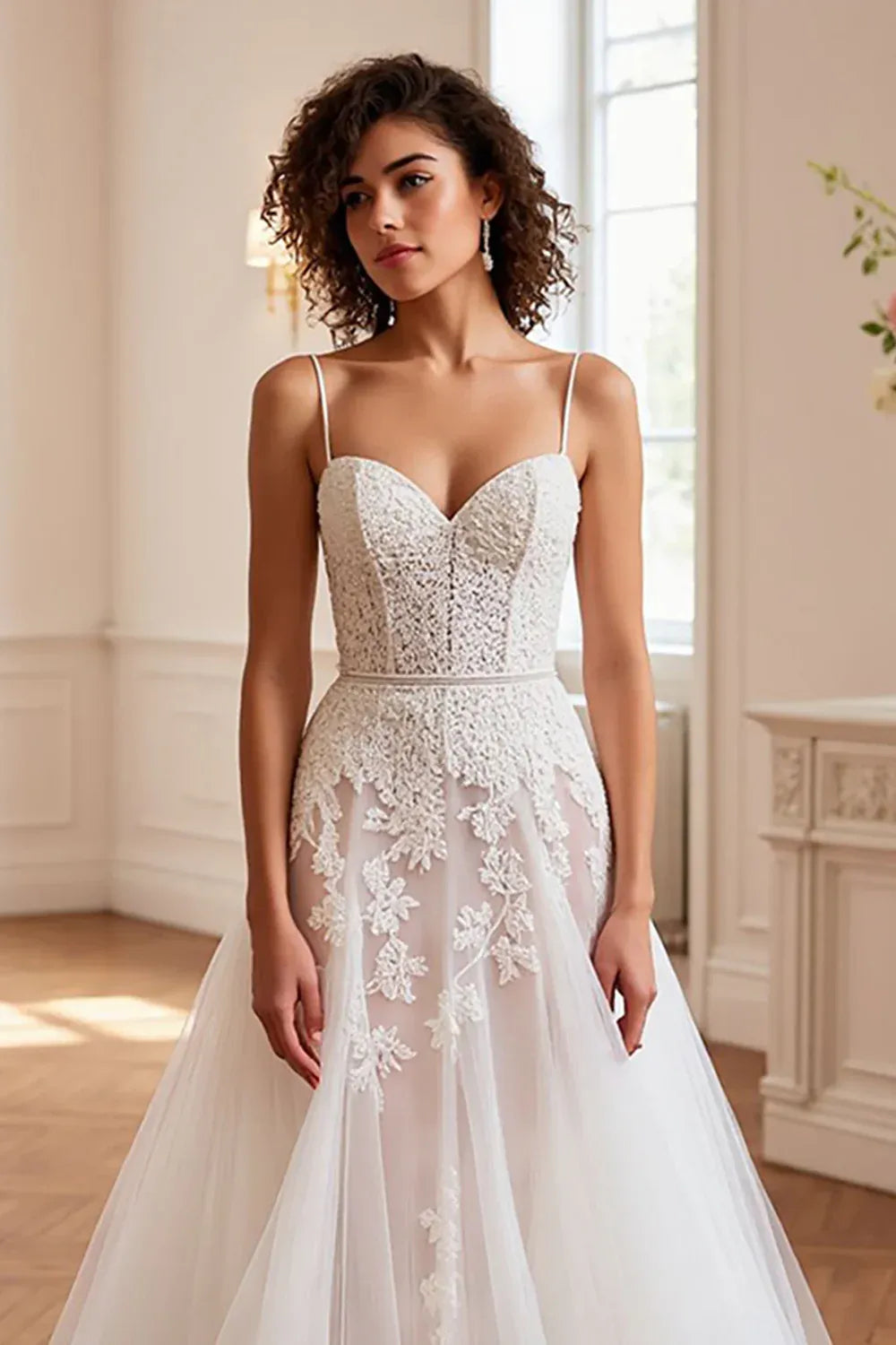 Sweetheart Neck Lace Tulle A-Line Wedding Dress with Corset Back - Romantic Bridal Gown
