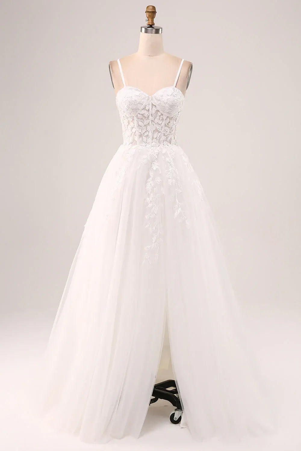 Sweetheart Neck Lace Tulle A-Line Wedding Dress with Slit and Corset Back - Romantic Bridal Gown