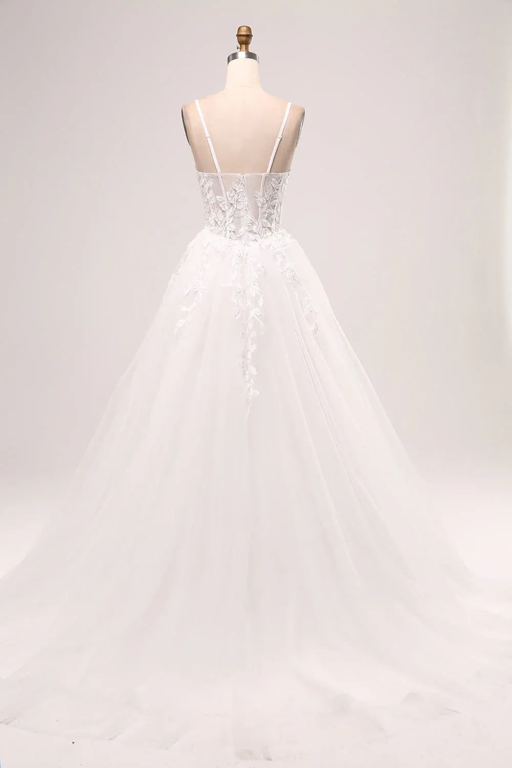 Sweetheart Neck Lace Tulle A-Line Wedding Dress with Slit and Corset Back - Romantic Bridal Gown