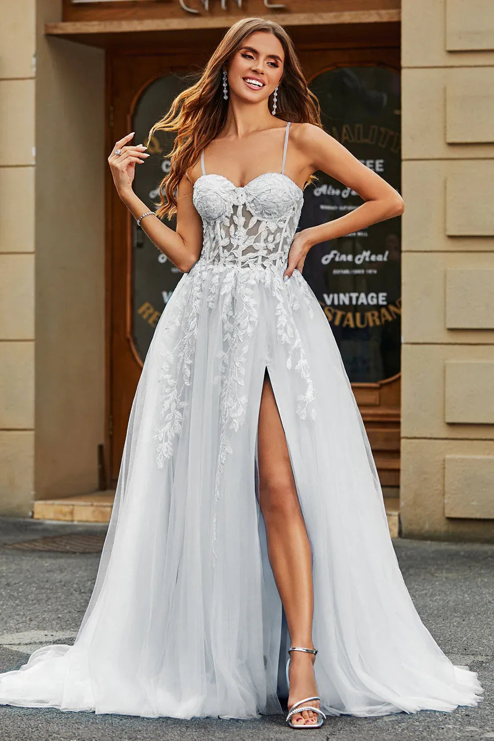 Sweetheart Neck Lace Tulle A-Line Wedding Dress with Slit and Corset Back - Romantic Bridal Gown
