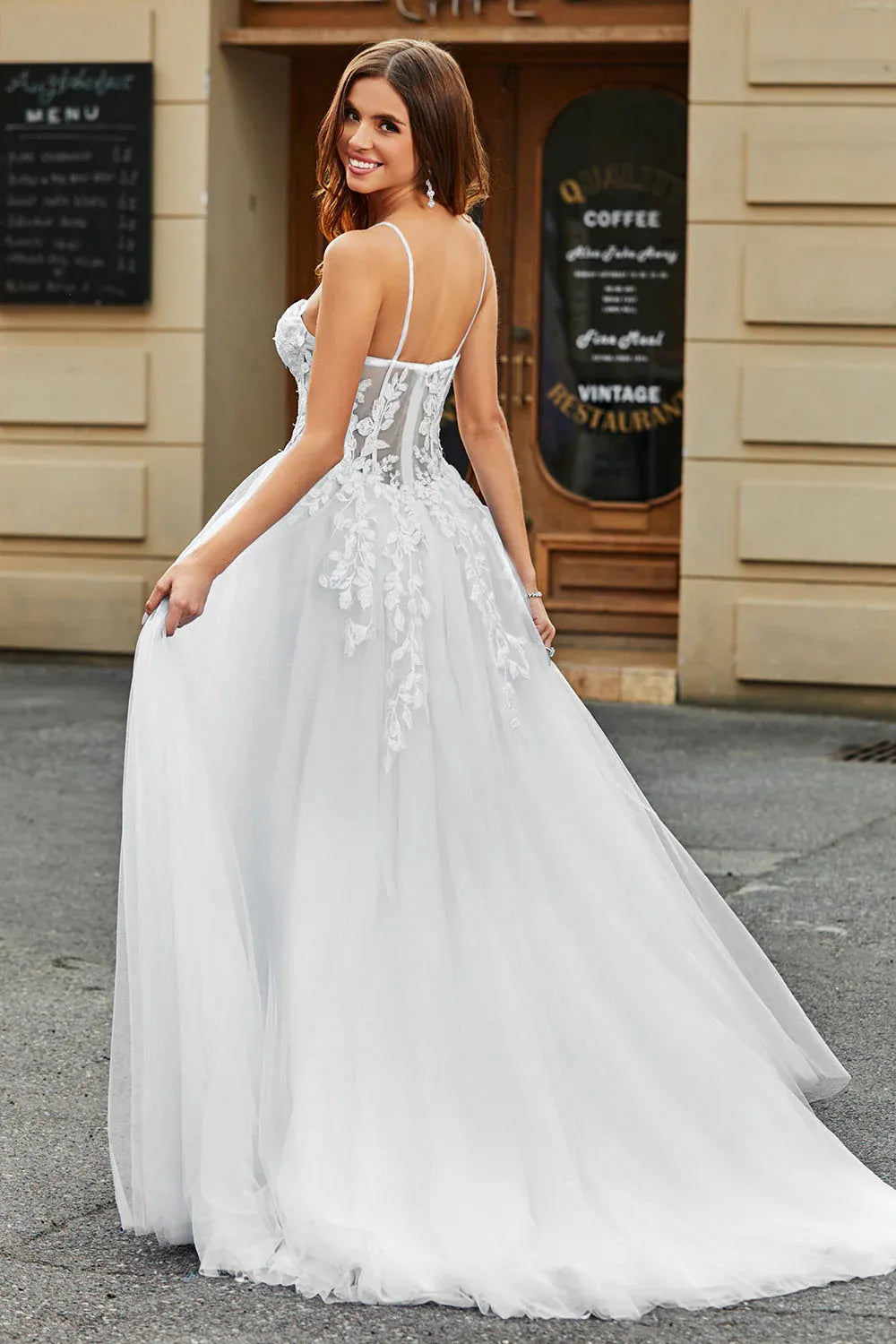 Sweetheart Neck Lace Tulle A-Line Wedding Dress with Slit and Corset Back - Romantic Bridal Gown