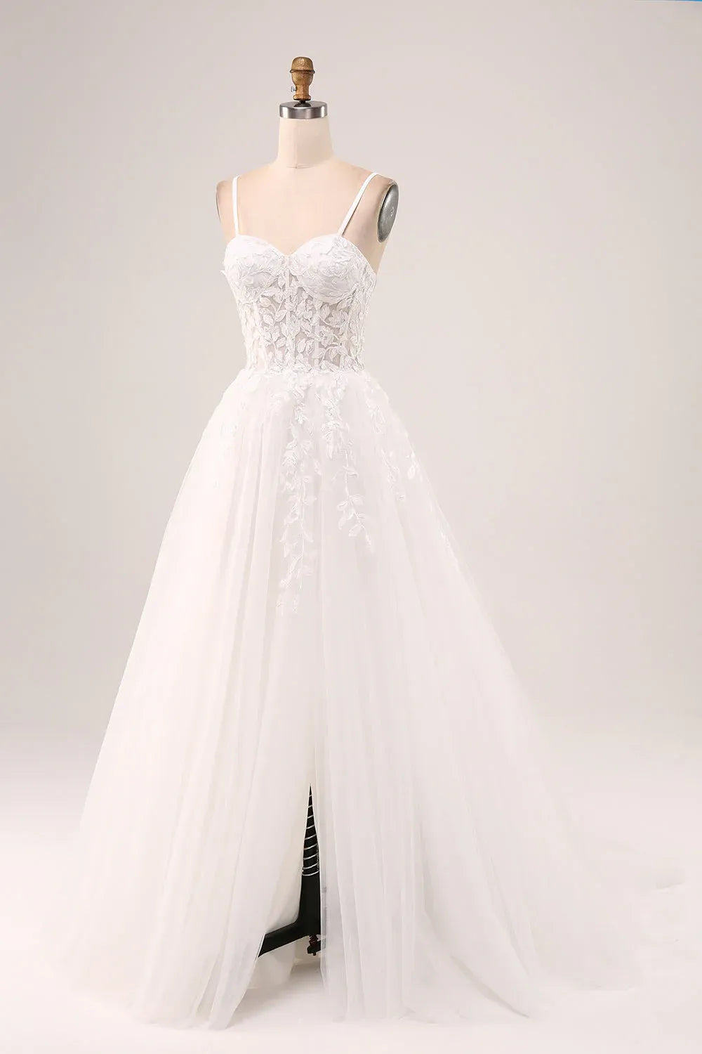 Sweetheart Neck Lace Tulle A-Line Wedding Dress with Slit and Corset Back - Romantic Bridal Gown